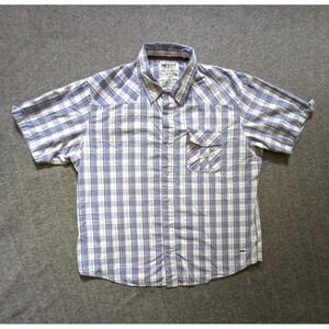 Levi's The Two Horse Brand Shirt Men's XL White Blue Plaid Tab Sleeve Pearl Snap